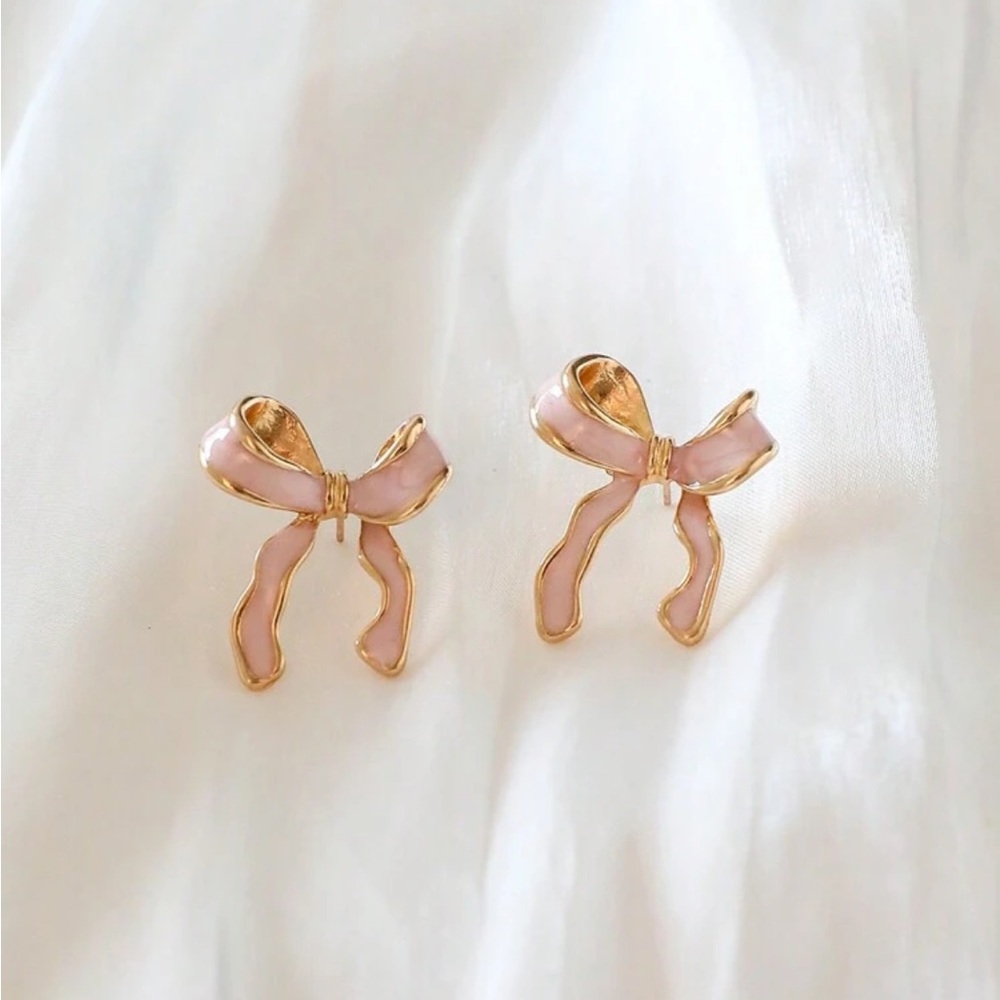 Pink and Gold Coquette Bow Earrings - Picture 1 of 3